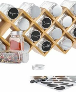 Promo ???? Gadgy Kruidenrek Met 18 Glazen Kruidenpotjes Met Strooideksel - Incl. Labels En Marker - Bamboe Hout - 43 X 18cm ⭐