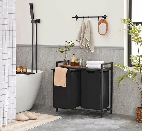 Goedkoopste ???? FURNIBELLA - Wasmand, Wassorteerder Met Plank En Uittrekbare Zakken, Wasorganisator, Metalen Frame, 2 Oxford Stof Verwijderbare Zakken, Rustiek Bruin En Zwart BLH201B01 ???? 6 Goedkoopste ???? FURNIBELLA - Wasmand, Wassorteerder Met Plank En Uittrekbare Zakken, Wasorganisator, Metalen Frame, 2 Oxford Stof Verwijderbare Zakken, Rustiek Bruin En Zwart BLH201B01 ???? - Afbeelding 4