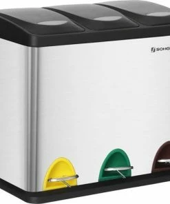 Flash-uitverkoop ✔️ SONGMICS Afvalemmer Voor De Keuken, 3-in-1 Afvalemmer, 24 Liter, Afvalscheiding, Metalen Pedaalemmer, Afvalscheidingssysteem, Robuust, Eenvoudig Te Reinigen, Staal, Zwart ⌛