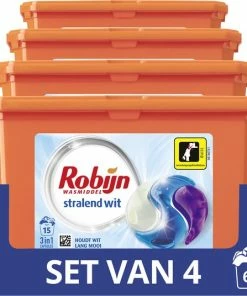 Aanbiedingen ✔️ Robijn Stralend Wit 3 In 1 Wascapsules - 4 X 15 Wasbeurten - Voordeelverpakking ????