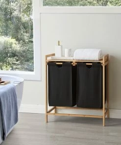 Goedkoop ???? ACAZA Wasmand Met 2 Uitschuifbare Waszakken - Wassorteerder - 44 Liter - Bamboe - 73.5x64.5x33 Cm - Zwart ???? -Yoshiko Shop 550x550 1149