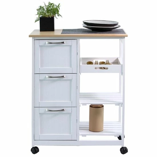 Korting ???? Anaterra Keukentrolley Op Wieltjes - Serveerwagen - Wit/Grenenhout - Met Lades - Rolwagen Keuken ???? 5 Korting ???? Anaterra Keukentrolley Op Wieltjes - Serveerwagen - Wit/Grenenhout - Met Lades - Rolwagen Keuken ???? - Afbeelding 3