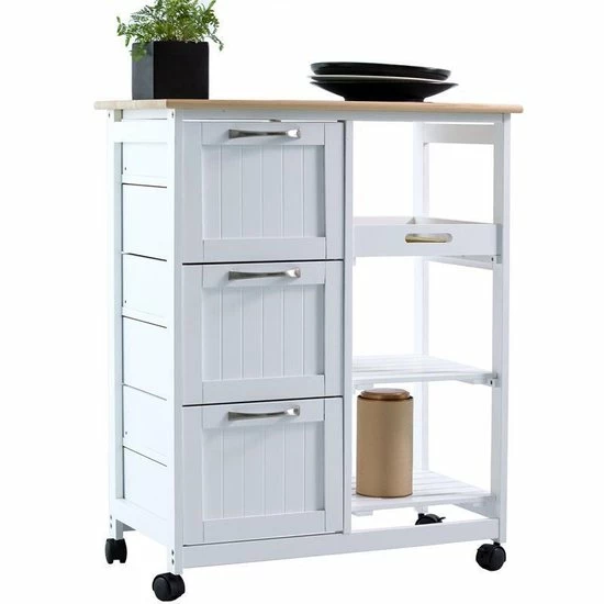 Korting ???? Anaterra Keukentrolley Op Wieltjes - Serveerwagen - Wit/Grenenhout - Met Lades - Rolwagen Keuken ???? 6 Korting ???? Anaterra Keukentrolley Op Wieltjes - Serveerwagen - Wit/Grenenhout - Met Lades - Rolwagen Keuken ???? - Afbeelding 4