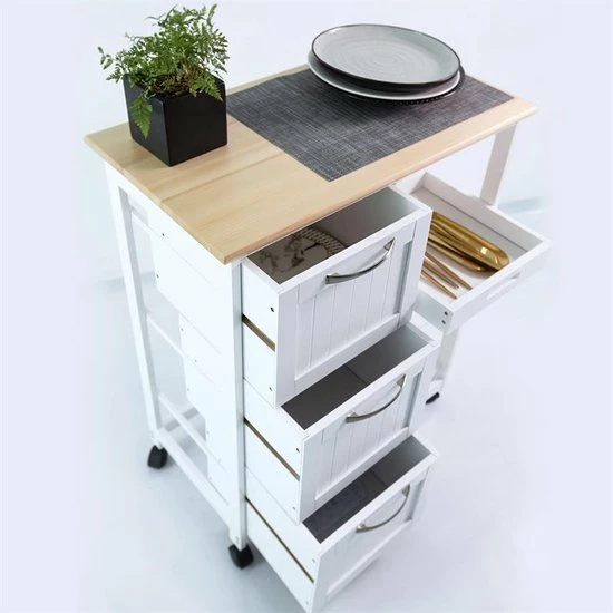 Korting ???? Anaterra Keukentrolley Op Wieltjes - Serveerwagen - Wit/Grenenhout - Met Lades - Rolwagen Keuken ???? 8 Korting ???? Anaterra Keukentrolley Op Wieltjes - Serveerwagen - Wit/Grenenhout - Met Lades - Rolwagen Keuken ???? - Afbeelding 6