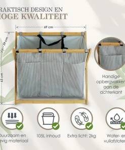 Hete verkoop ⌛ MIRI Wasmand – Wassorteerder – Gestreept – Wasmanden – Wasmand 3 Vakken – Opvouwbaar – Wasbox – Bamboe – 105L – Incl. Schroevendraaier – Laundry Basket – LIMITED EDITION ⭐ -Yoshiko Shop 550x550 836