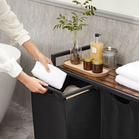 Goedkoopste ???? FURNIBELLA - Wasmand, Wassorteerder Met Plank En Uittrekbare Zakken, Wasorganisator, Metalen Frame, 2 Oxford Stof Verwijderbare Zakken, Rustiek Bruin En Zwart BLH201B01 ???? 8 Goedkoopste ???? FURNIBELLA - Wasmand, Wassorteerder Met Plank En Uittrekbare Zakken, Wasorganisator, Metalen Frame, 2 Oxford Stof Verwijderbare Zakken, Rustiek Bruin En Zwart BLH201B01 ???? - Afbeelding 6