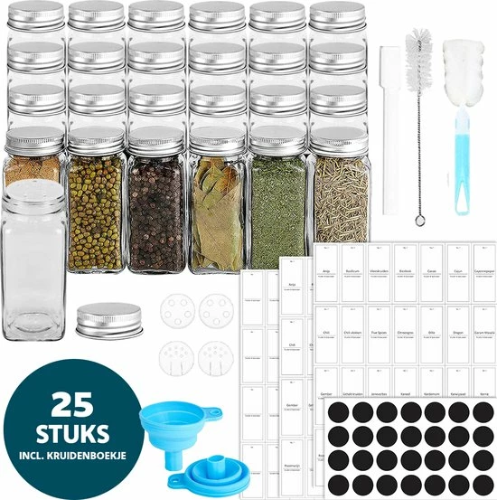 Begroting ❤️ KitchenConvenience - 25 Glazen Kruidenpotjes Met Strooideksel - Kruidenstrooier - Glazen Potjes Met Deksel - Complete Set Met Stickers En Trechter En Borsteltje - Vierkante Glazen Strooier - Inclusief GRATIS PDF Boekje Met Kruiden ✔️ 3 Begroting ❤️ KitchenConvenience - 25 Glazen Kruidenpotjes Met Strooideksel - Kruidenstrooier - Glazen Potjes Met Deksel - Complete Set Met Stickers En Trechter En Borsteltje - Vierkante Glazen Strooier - Inclusief GRATIS PDF Boekje Met Kruiden ✔️