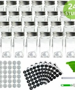 Goedkoopste ✨ BIEK20 Kruidenpotjes - 24 Vierkante Glazen Kruidenpotjes - 120 Ml - 10,5 X 4,3 Cm - Incl. 36 Strooideksels (3 Soorten) - 192 Stickers (Voorbedrukt En Blanco) - Krijtstift - Borstel - Voorraadpotten - Kruidenstrooier - Strooibus ????