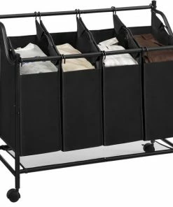 Begroting ???? Acaza Stevige Wassorteerder - Wasmand Op Wieltjes Met 4 Uitneembare Vakken - 140L - Zwart ????