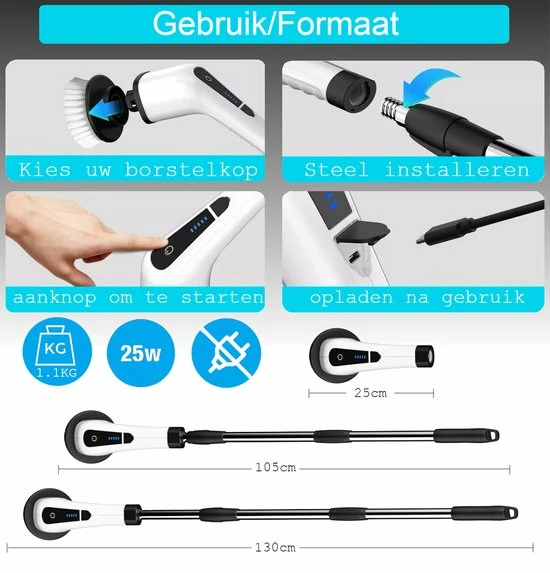 Goedkoop ⭐ Merkloos Scrubclean Elektrische Schoonmaakborstel-7 In 1 Schrobber Met Steel-2 Standen Poetsmachine-max 130cm-badkamer/keuken/auto +gratis Houder ???? 9 Goedkoop ⭐ Merkloos Scrubclean Elektrische Schoonmaakborstel-7 In 1 Schrobber Met Steel-2 Standen Poetsmachine-max 130cm-badkamer/keuken/auto +gratis Houder ???? - Afbeelding 7