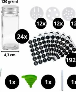 Goedkoopste ✨ BIEK20 Kruidenpotjes - 24 Vierkante Glazen Kruidenpotjes - 120 Ml - 10,5 X 4,3 Cm - Incl. 36 Strooideksels (3 Soorten) - 192 Stickers (Voorbedrukt En Blanco) - Krijtstift - Borstel - Voorraadpotten - Kruidenstrooier - Strooibus ???? -Yoshiko Shop 550x577