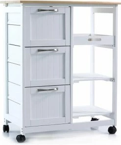 Korting ???? Anaterra Keukentrolley Op Wieltjes - Serveerwagen - Wit/Grenenhout - Met Lades - Rolwagen Keuken ????