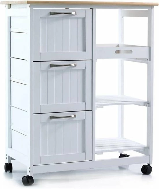 Korting ???? Anaterra Keukentrolley Op Wieltjes - Serveerwagen - Wit/Grenenhout - Met Lades - Rolwagen Keuken ???? 3 Korting ???? Anaterra Keukentrolley Op Wieltjes - Serveerwagen - Wit/Grenenhout - Met Lades - Rolwagen Keuken ????