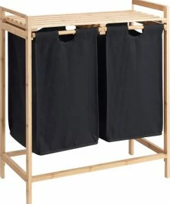 Goedkoop ???? ACAZA Wasmand Met 2 Uitschuifbare Waszakken - Wassorteerder - 44 Liter - Bamboe - 73.5x64.5x33 Cm - Zwart ????