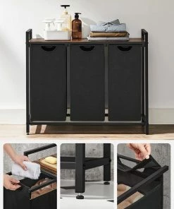 Promo ???? Livingsigns Wasmand, Wasverzamelaar, 3 Vakken, Met Legbord, Wassorteerbak, Waszak Uitschuifbaar En Uitneembaar, Per Waszak 38 Liter, Voor Badkamer, Wasruimte, Vintage Bruin-zwart ???? -Yoshiko Shop 550x679 3