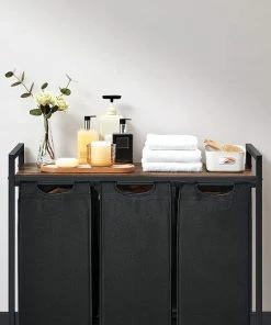 Promo ???? Livingsigns Wasmand, Wasverzamelaar, 3 Vakken, Met Legbord, Wassorteerbak, Waszak Uitschuifbaar En Uitneembaar, Per Waszak 38 Liter, Voor Badkamer, Wasruimte, Vintage Bruin-zwart ???? -Yoshiko Shop 550x687 10