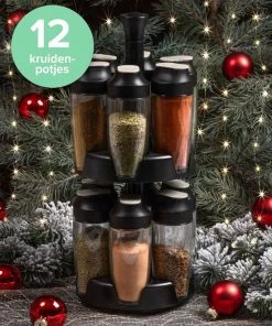 Hete verkoop ???? Draaibaar Kruidenrek Coninx | Glazen Potjes Met Strooideksel | Staande Kruidencarrousel | 12 Kruidenpotjes | Zwart ????