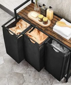 Promo ???? Livingsigns Wasmand, Wasverzamelaar, 3 Vakken, Met Legbord, Wassorteerbak, Waszak Uitschuifbaar En Uitneembaar, Per Waszak 38 Liter, Voor Badkamer, Wasruimte, Vintage Bruin-zwart ???? -Yoshiko Shop 550x687 8