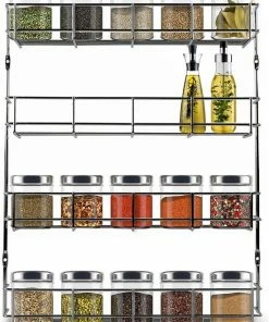 Hete verkoop ⭐ KitchenBrothers Ophangbaar Kruidenrek Voor 32 Kruidenpotjes - Spice Rack – Keuken Rek - Kruiden Organizer - Specerijen Opbergen - 4 Laags - 40 X 6.3 X 50 Cm - RVS ????